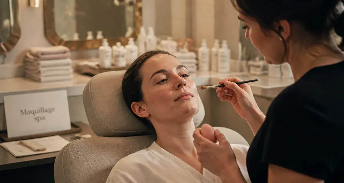 Maquillage spa : praticienne applique maquillage naturel sur une cliente