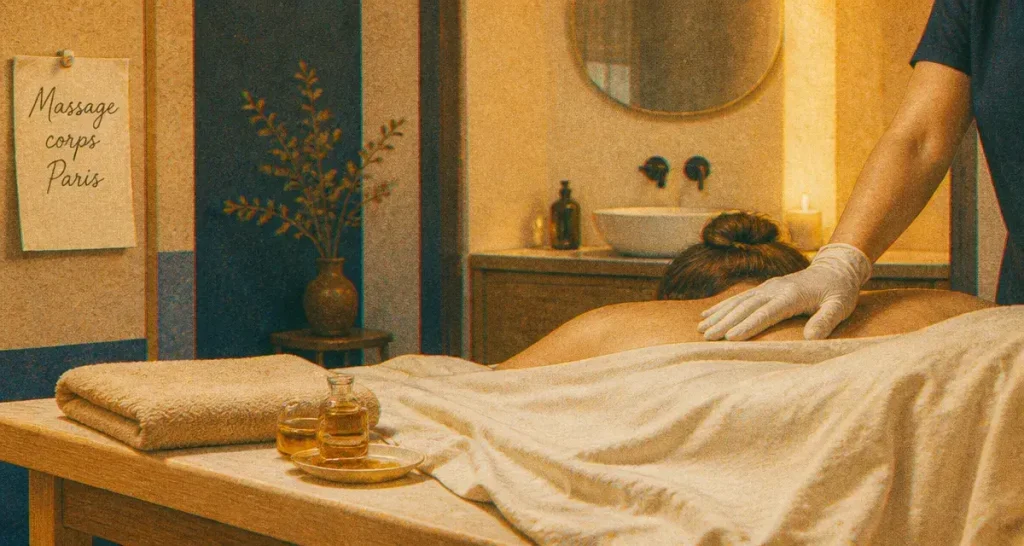 Massage soin du corps paris : huiles chaudes ou duo, table de massage en cabine spa