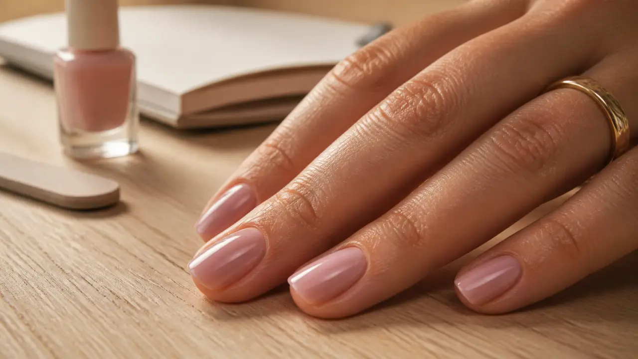 Ongles 2026 tendance : ongles courts laiteux fini glacé, vernis rosé brillant