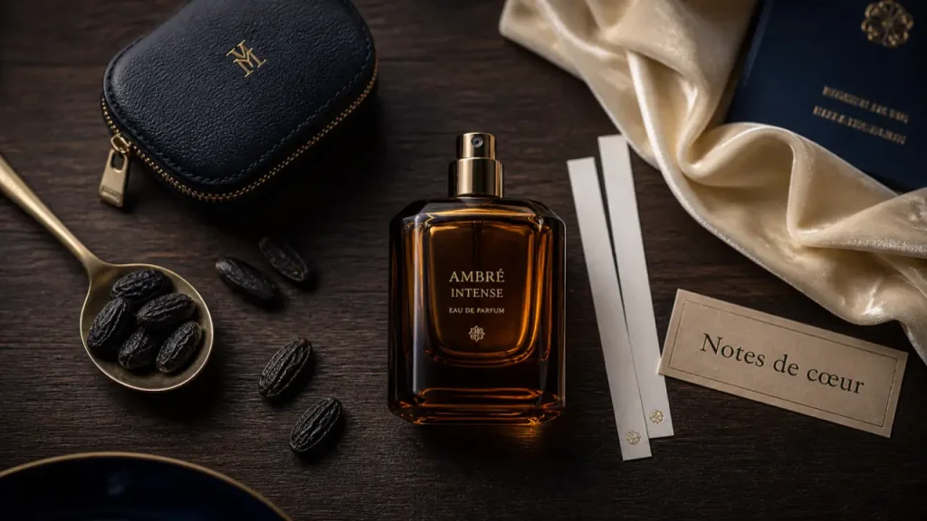 Parfum haut de gamme pour femme : flacon ambré, mouillettes et notes de cœur