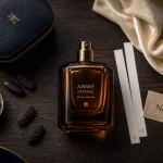 Parfum haut de gamme pour femme : flacon ambré, mouillettes et notes de cœur