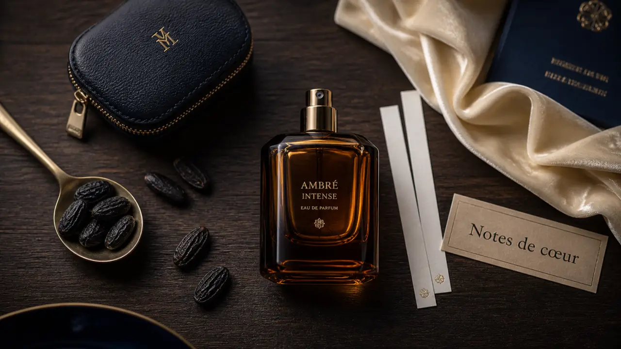 Parfum haut de gamme pour femme : flacon ambré, mouillettes et notes de cœur
