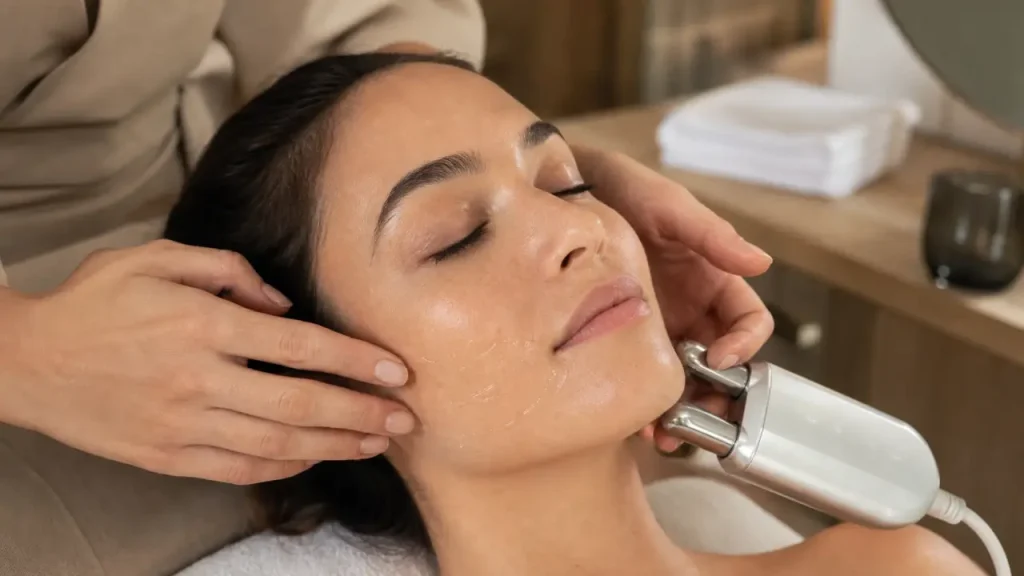 Soin du visage à microcourant à la maison : main et embouts sur la mâchoire