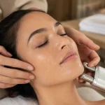 Soin du visage à microcourant à la maison : main et embouts sur la mâchoire