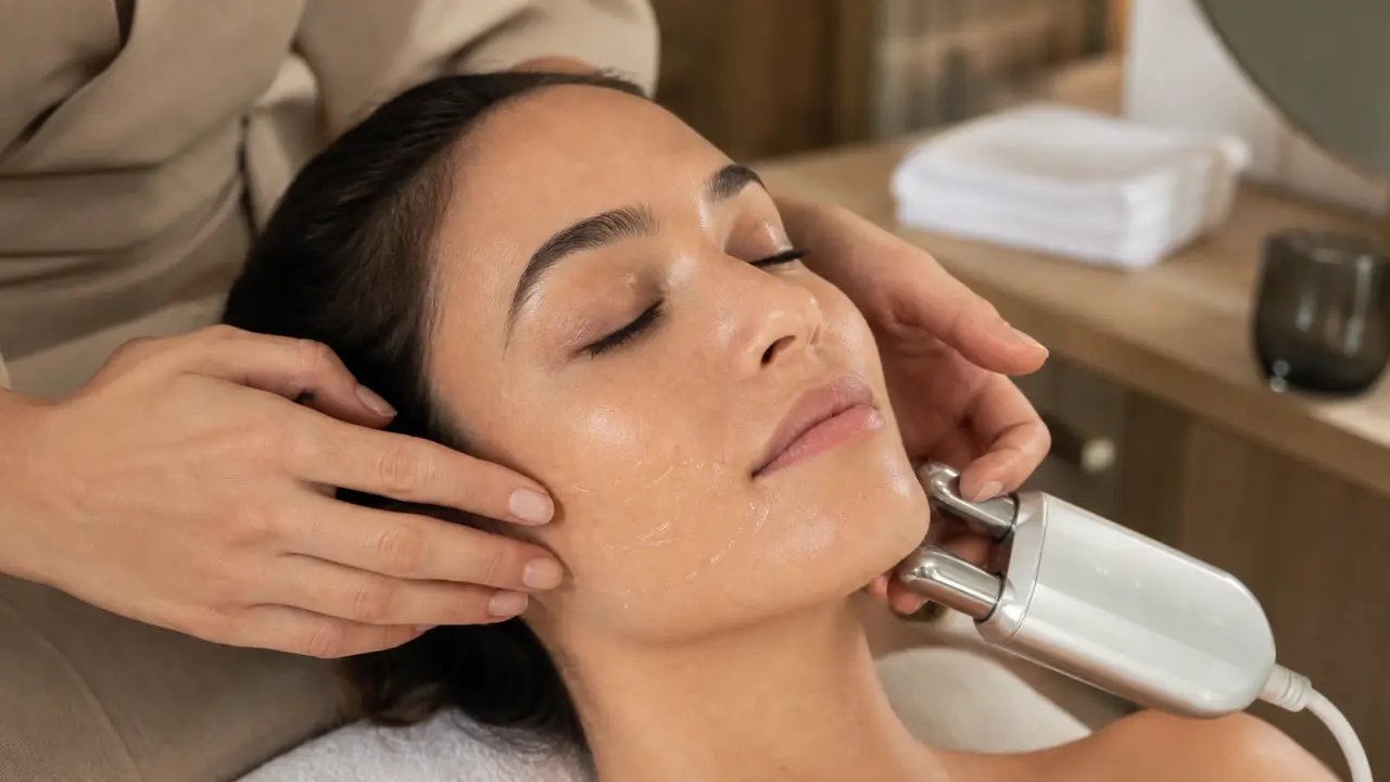 Soin du visage à microcourant à la maison : main et embouts sur la mâchoire