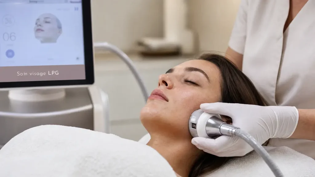 Soin visage lpg : praticienne place une tête d’endermologie pour l’ovale