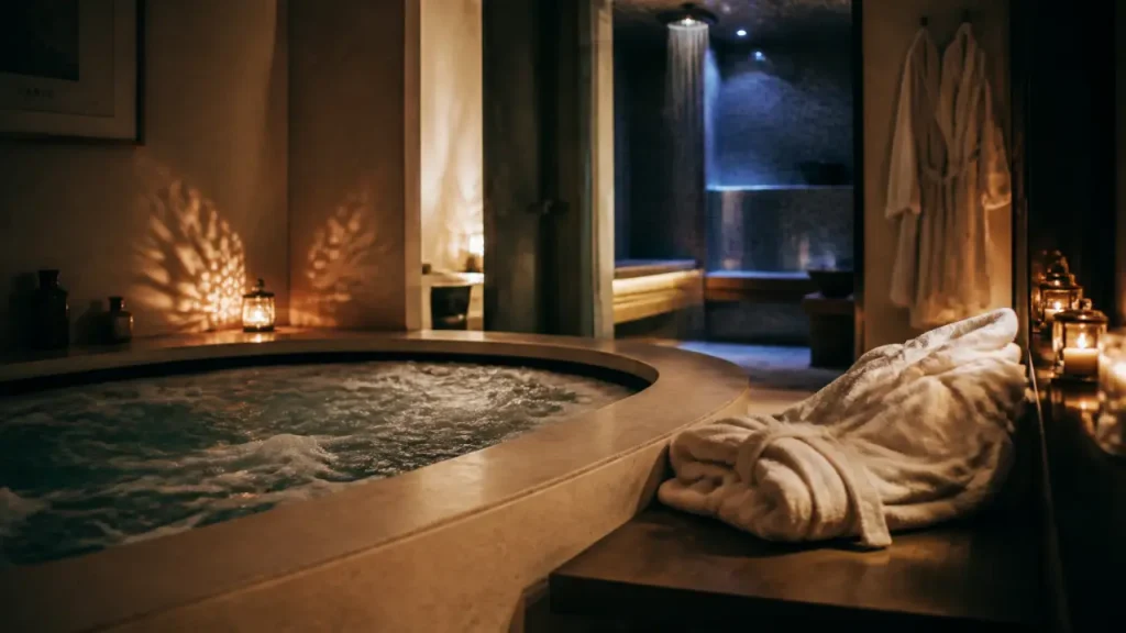 Spa couple Paris : spa privatif avec jacuzzi et peignoirs, ambiance feutrée