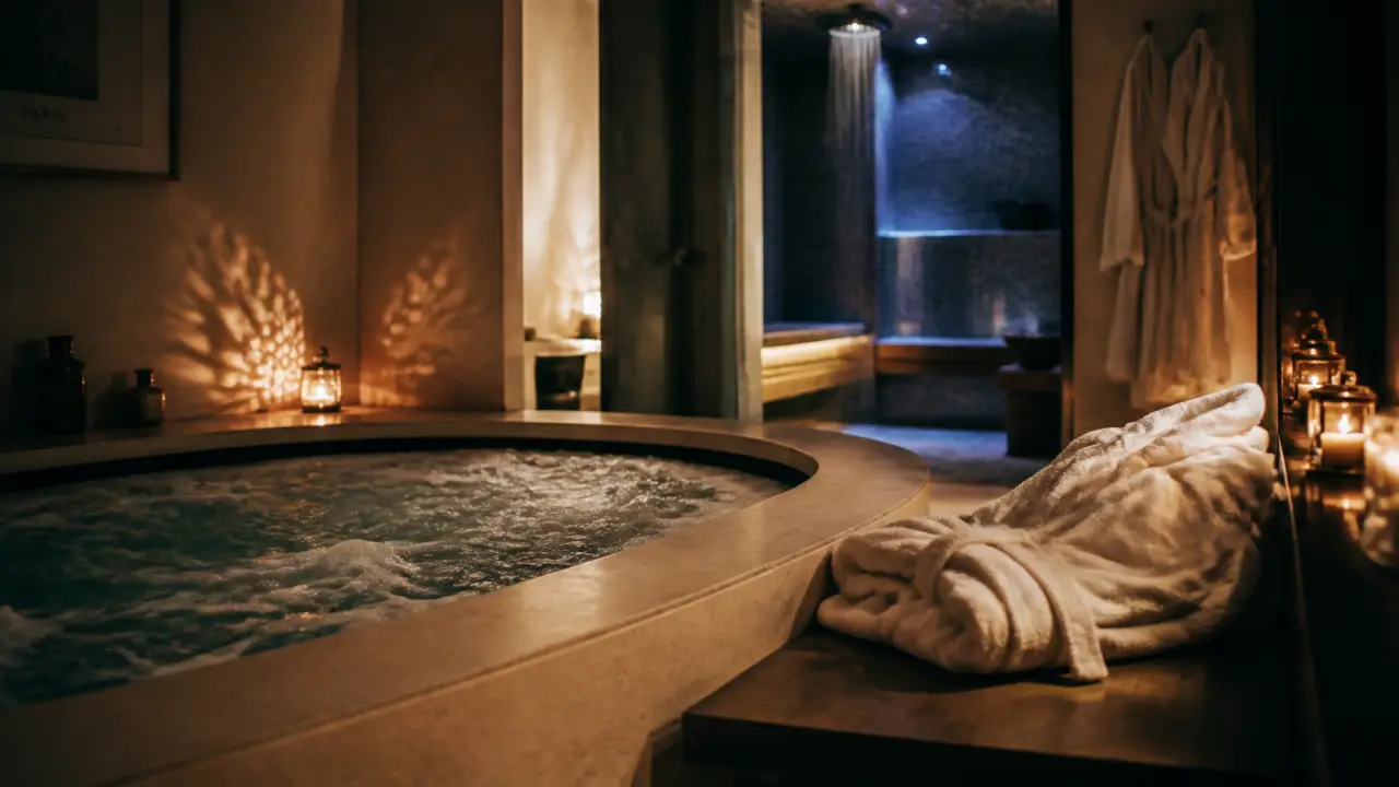 Spa couple Paris : spa privatif avec jacuzzi et peignoirs, ambiance feutrée