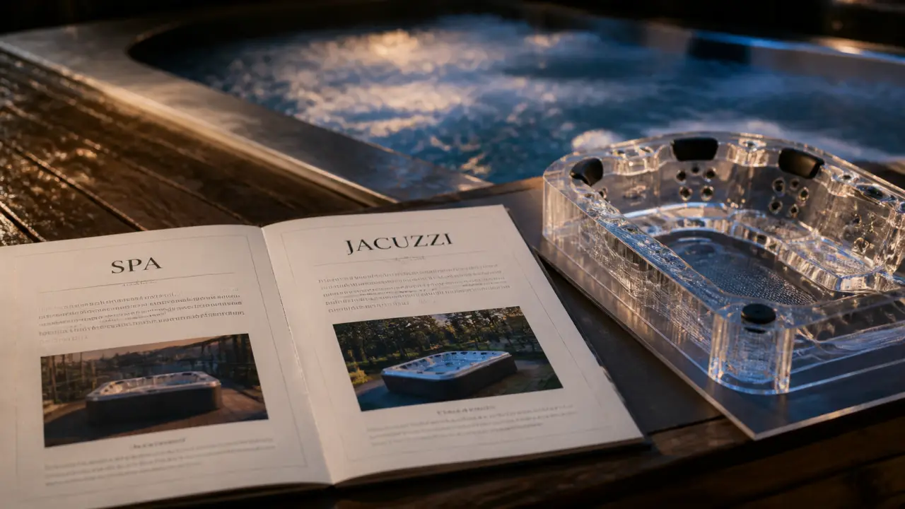 Spa ou jacuzzi différence : SPA et JACUZZI sur maquette de bain à remous