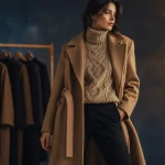 Tenue d'hiver femme chic : manteau long camel et bottines en cuir