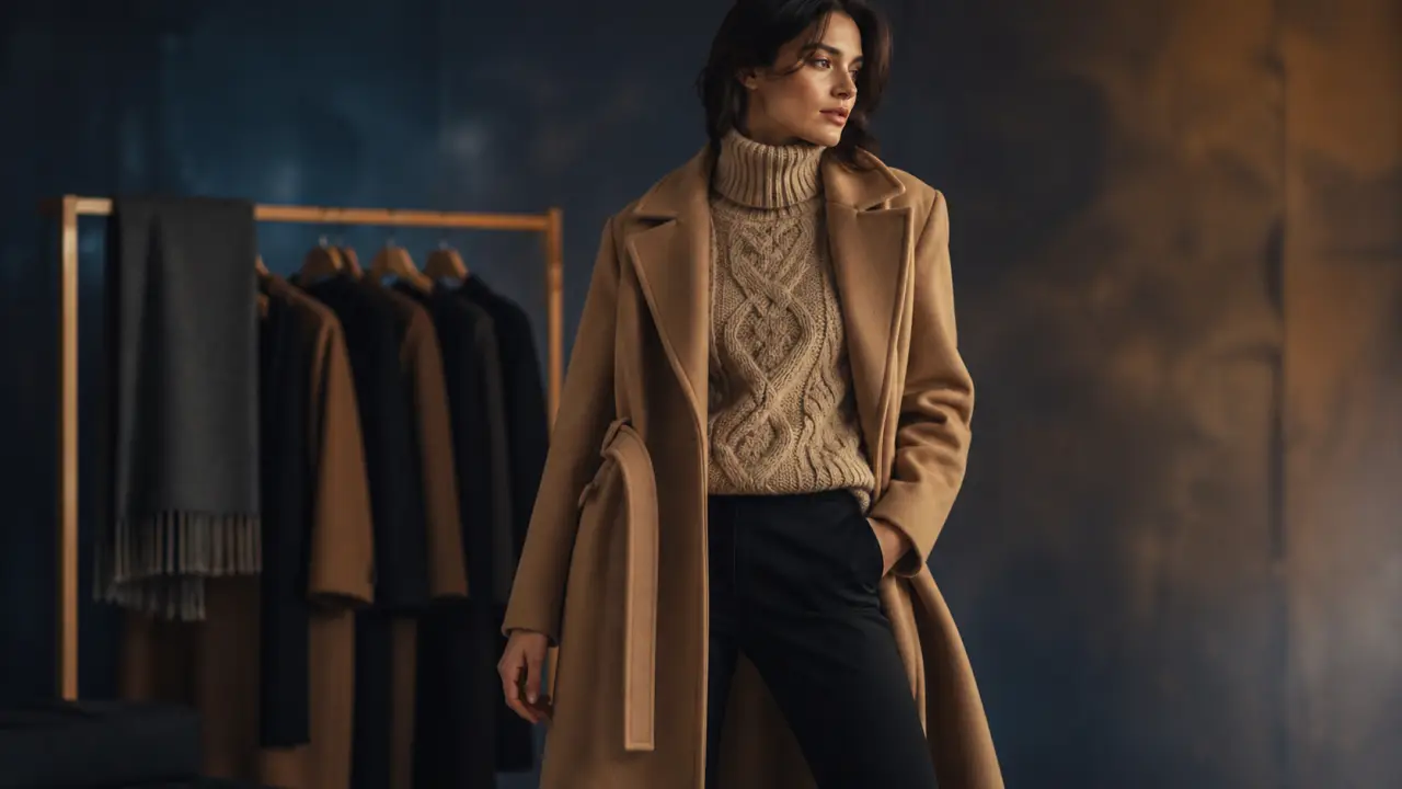 Tenue d'hiver femme chic : manteau long camel et bottines en cuir