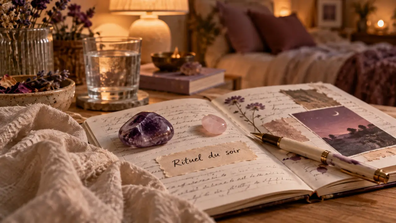 Bien-être par les pierres : rituel du soir avec améthyste et quartz rose sur carnet