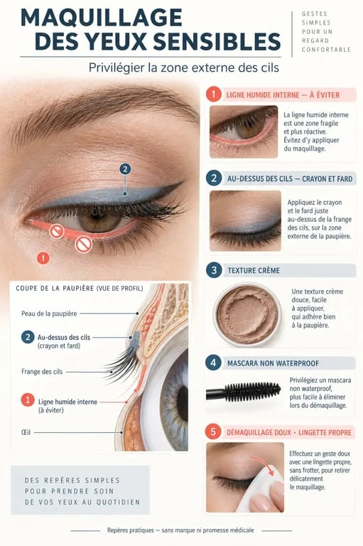 Maquillage yeux allergiques : zones à éviter et application douce autour de l’œil