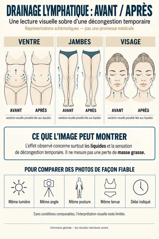 Infographie drainage lymphatique avant après : effets temporaires sur le ventre, les jambes et le visage