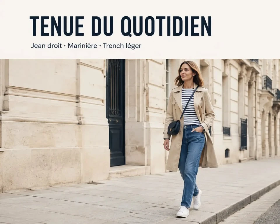 Tenue décontractée femme portée en ville avec jean, marinière et trench