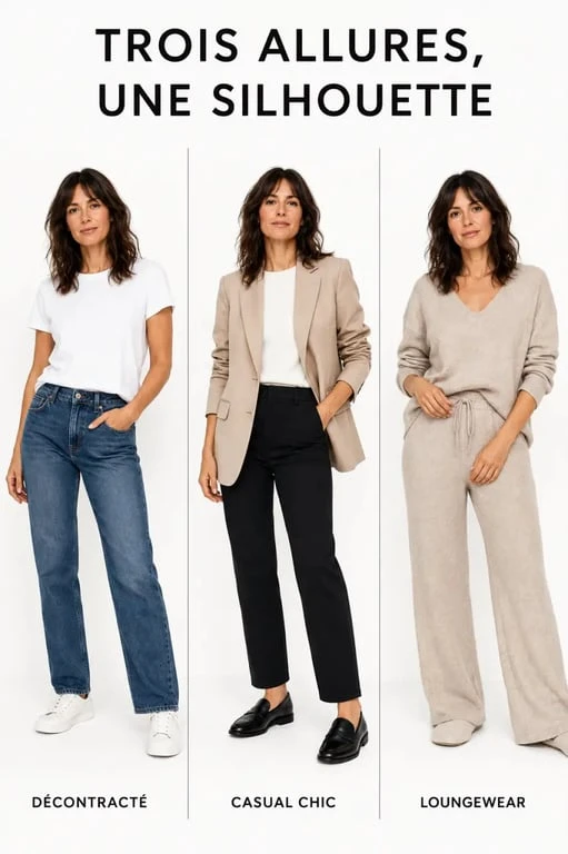 Tenue décontractée femme comparée entre casual, casual chic et loungewear