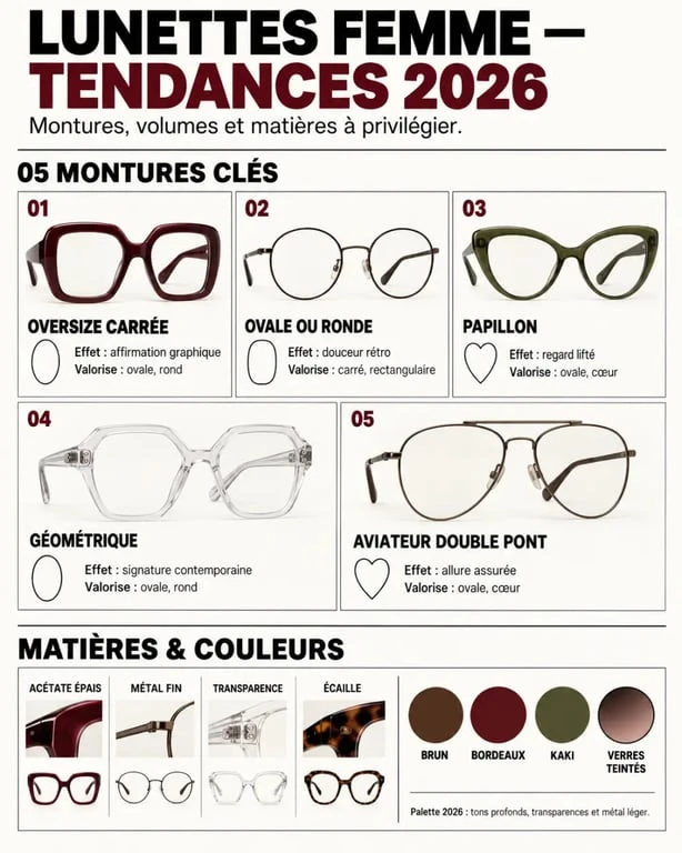 Infographie des tendances mode lunettes femme 2026 : formes, couleurs, matières et visages