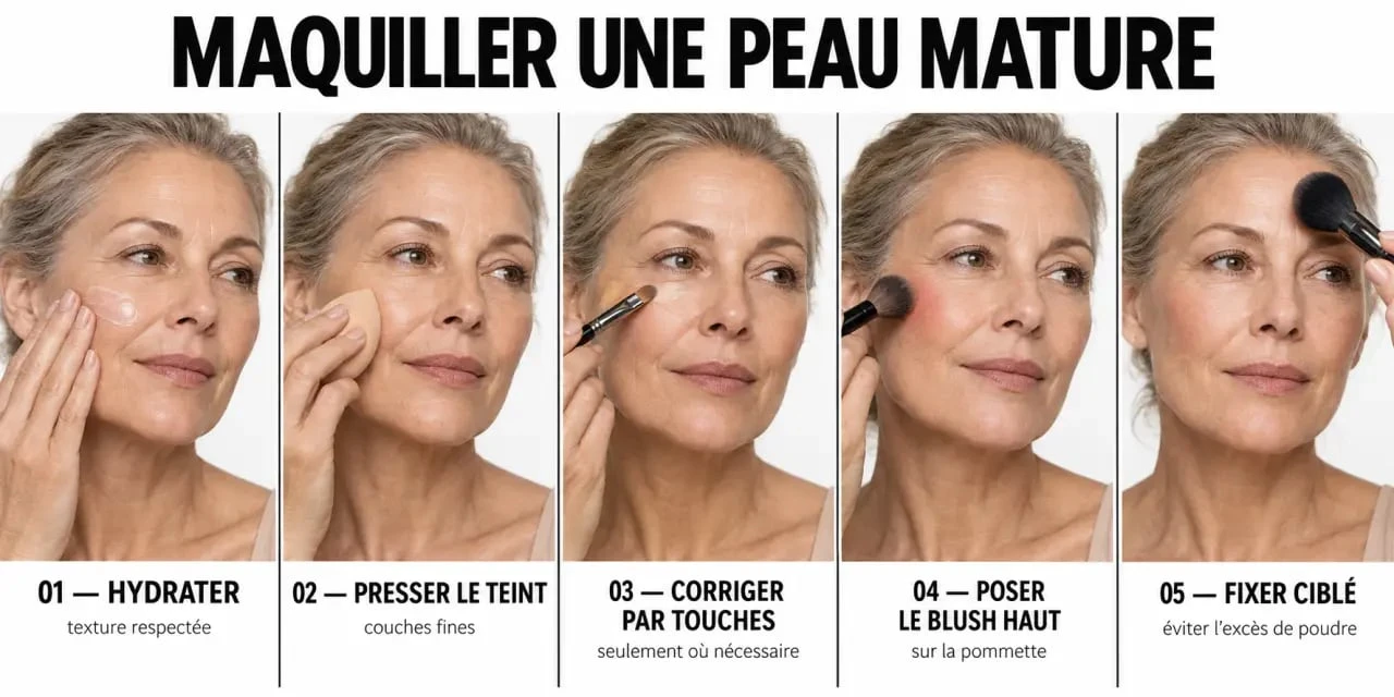 Étapes d’un maquillage pour peau mature avec préparation, teint léger et blush crème