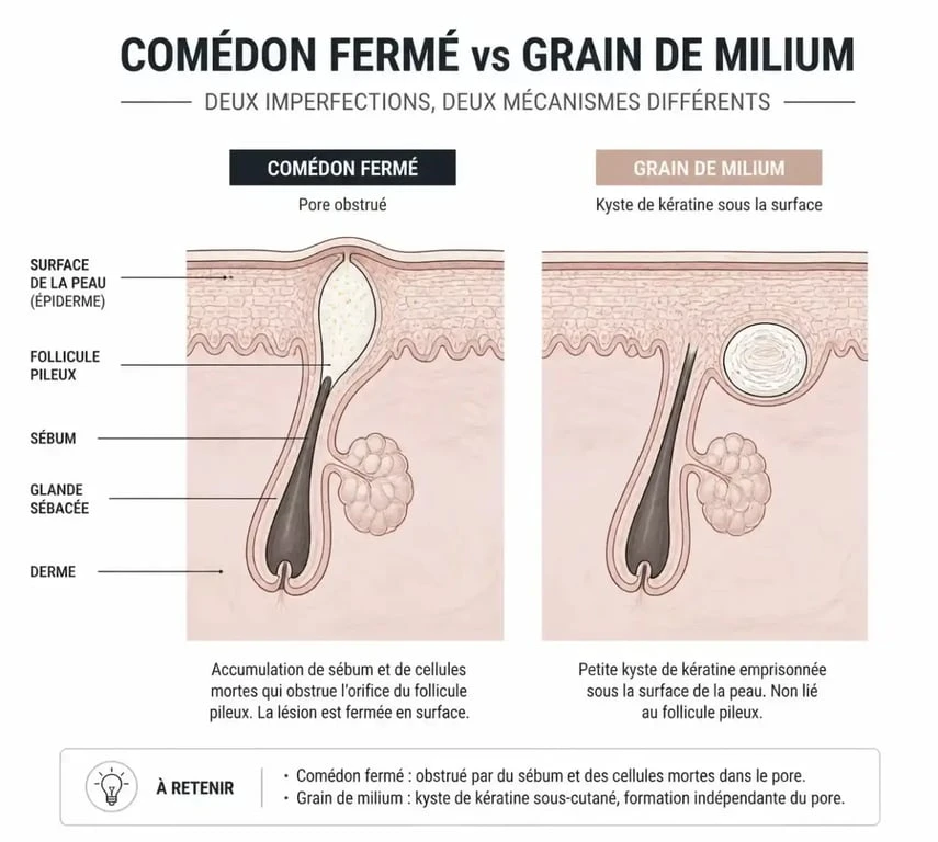 Schéma comparatif des boutons blanc visage : comédon fermé vs grain de milium