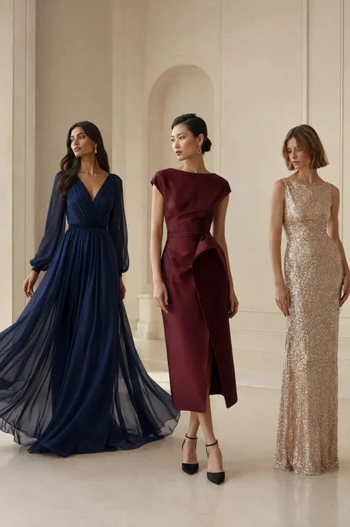 Trois styles de robe de soirée chic en mousseline satin et sequins