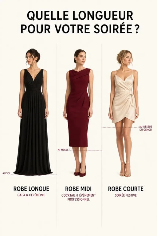 Infographie des longueurs de robe de soirée chic et des occasions adaptées