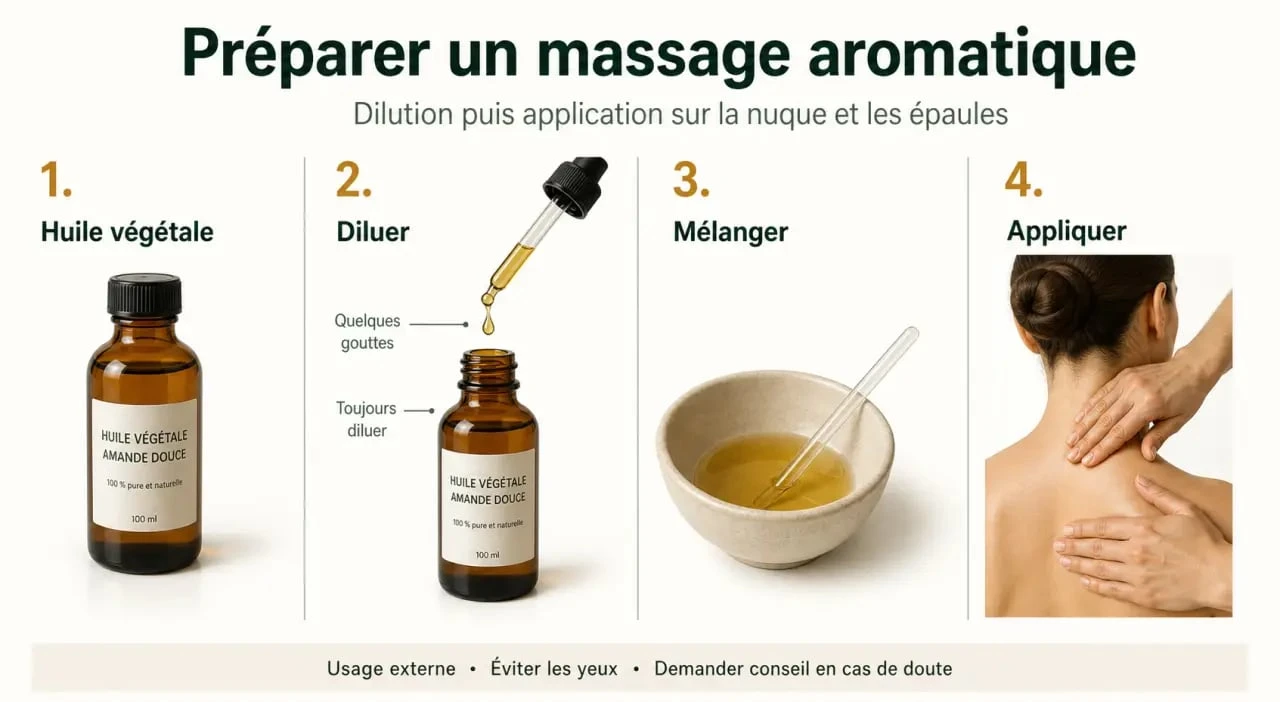 Massage huiles essentielles : étapes de dilution et gestes de massage sur la nuque et les épaules