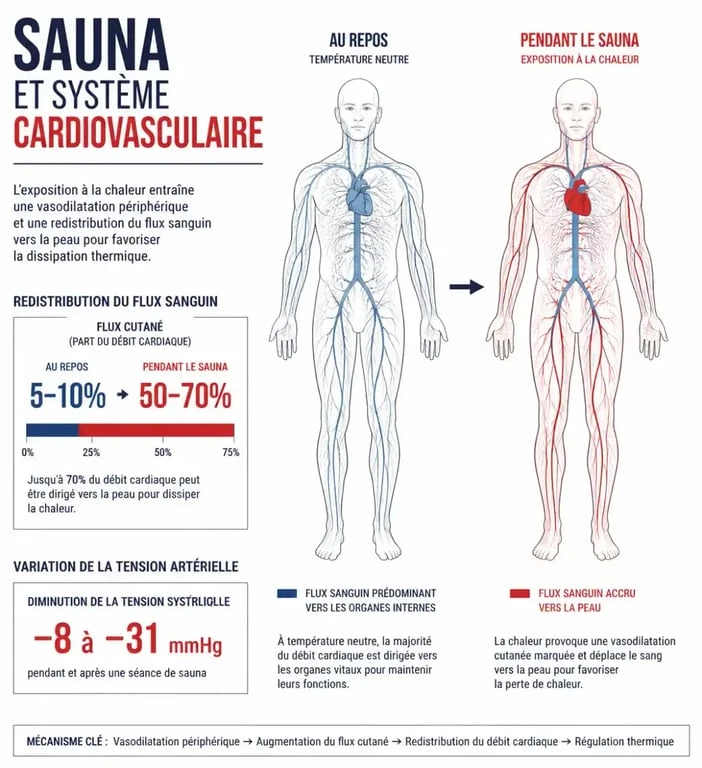 Infographie contre indication sauna montrant la redistribution du flux sanguin et la chute de tension artérielle