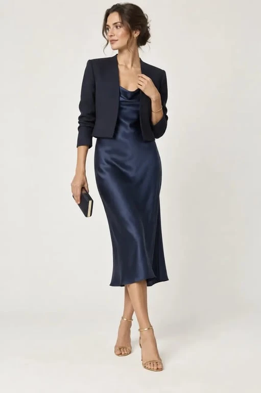 Tenue chic femme pour un dîner avec robe midi bleu nuit et accessoires dorés