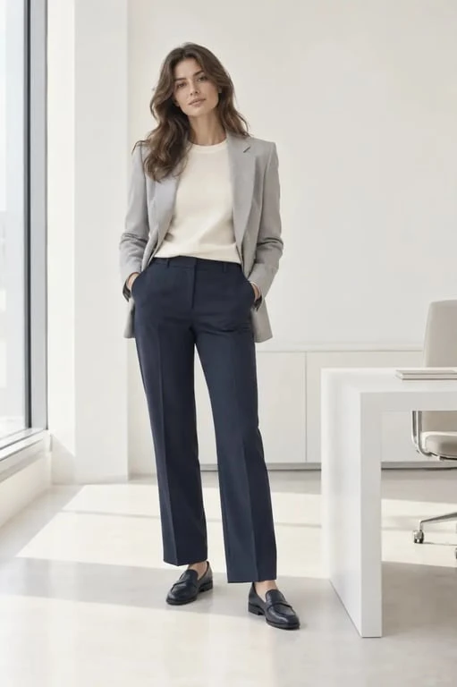 Tenue chic femme pour le bureau avec pantalon marine, blazer et mocassins