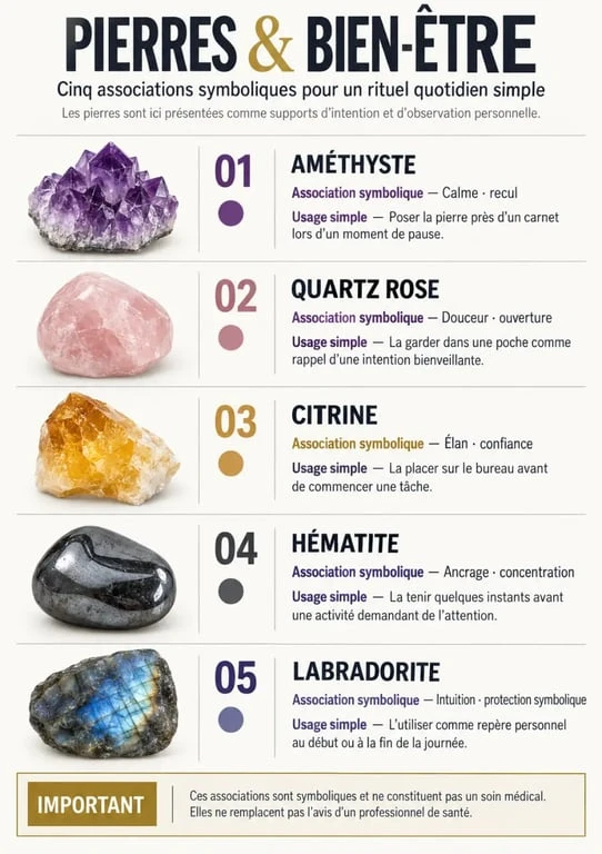 Infographie sur le bien-être par les pierres et les associations symboliques de cinq minéraux