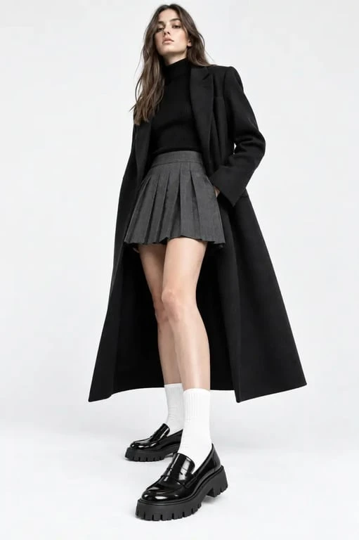 Tendance look mocassin femme avec chaussettes et mini-jupe