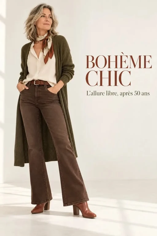 Look de style bohème chic à 50 ans avec jean flare, blouse fluide et cardigan