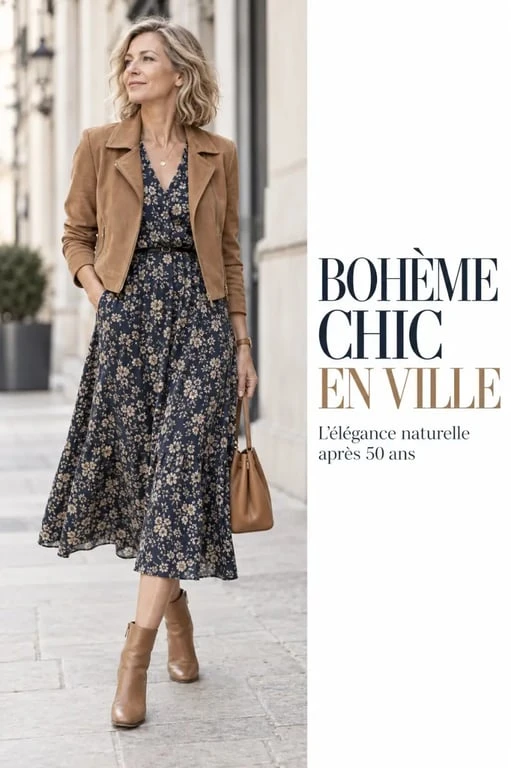 Tenue de style bohème chic à 50 ans avec robe midi fleurie et veste en daim