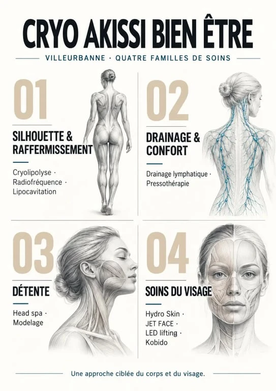 Avis sur Cryo Akissi Bien Être Villeurbanne : aperçu des familles de soins et de leurs objectifs