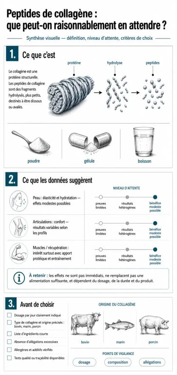Peptide de collagene avis : infographie sur l’efficacité, les formes et les critères à vérifier avant achat