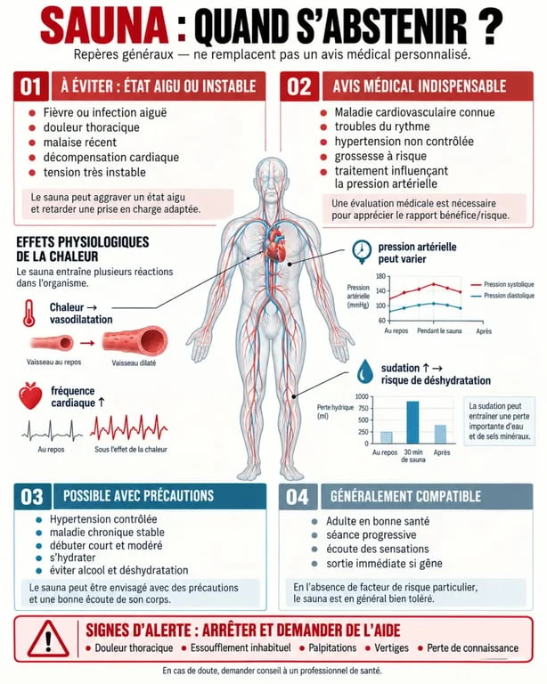 Infographie sur les contre-indications du sauna, les risques cardiovasculaires et les signes d’alerte