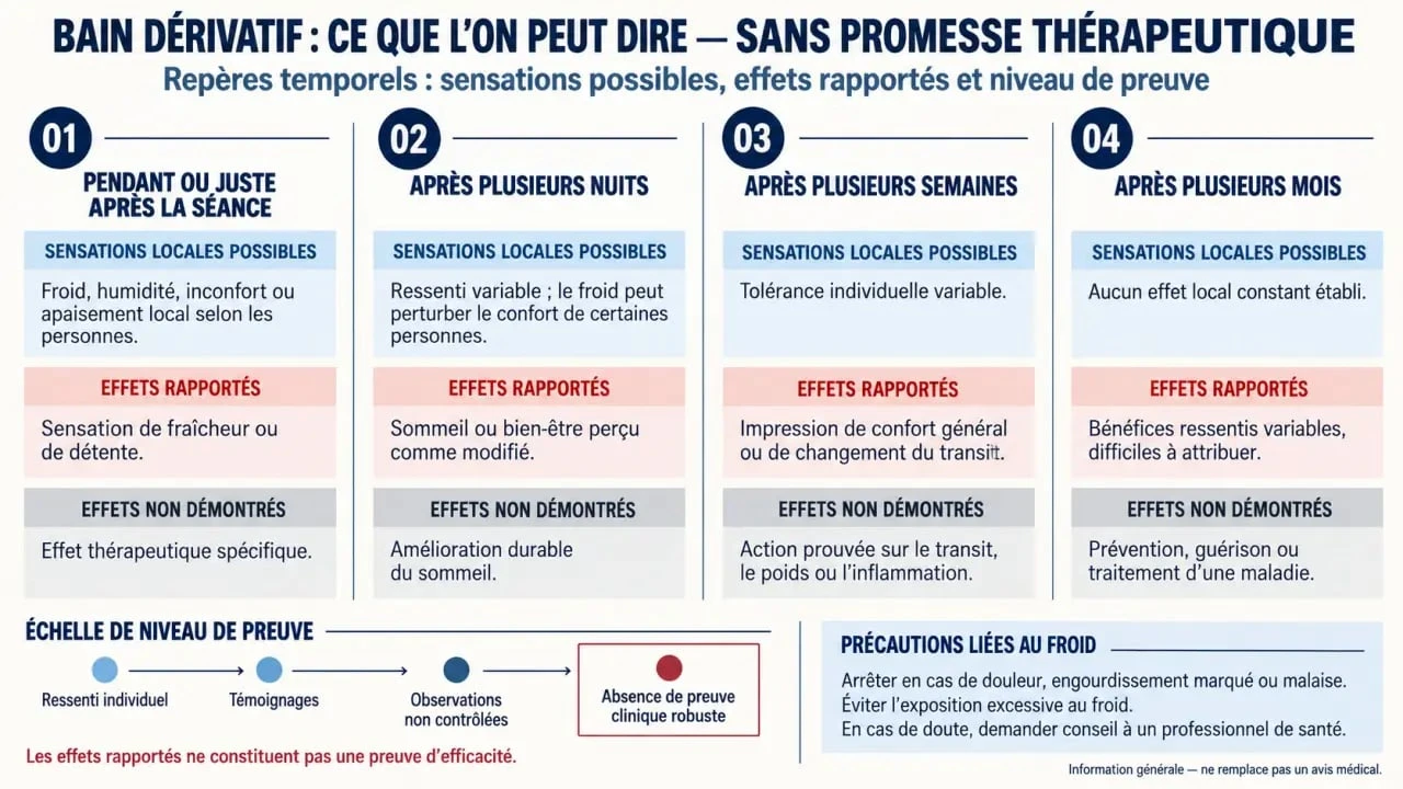 Infographie sur le bain dérivatif : délai des effets ressentis et niveau de preuve scientifique