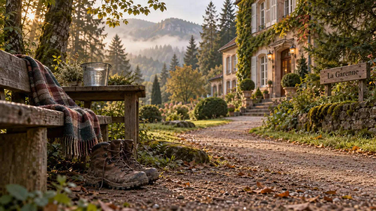 Hôtel La Garenne nature & bien être Alsace à Saverne, jardin boisé avec chaussures de randonnée