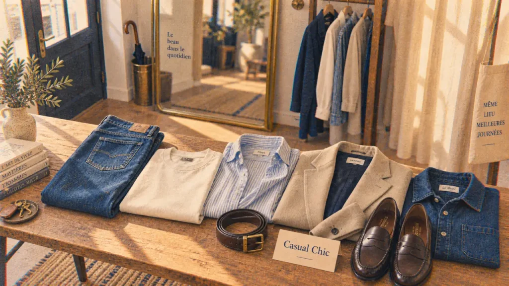 Look casual femme : jean, t-shirt écru, chemise ouverte et blazer beige en entrée lumineuse