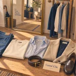 Look casual femme : jean, t-shirt écru, chemise ouverte et blazer beige en entrée lumineuse