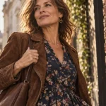 Style bohème chic à 50 ans : robe fleurie et veste en daim