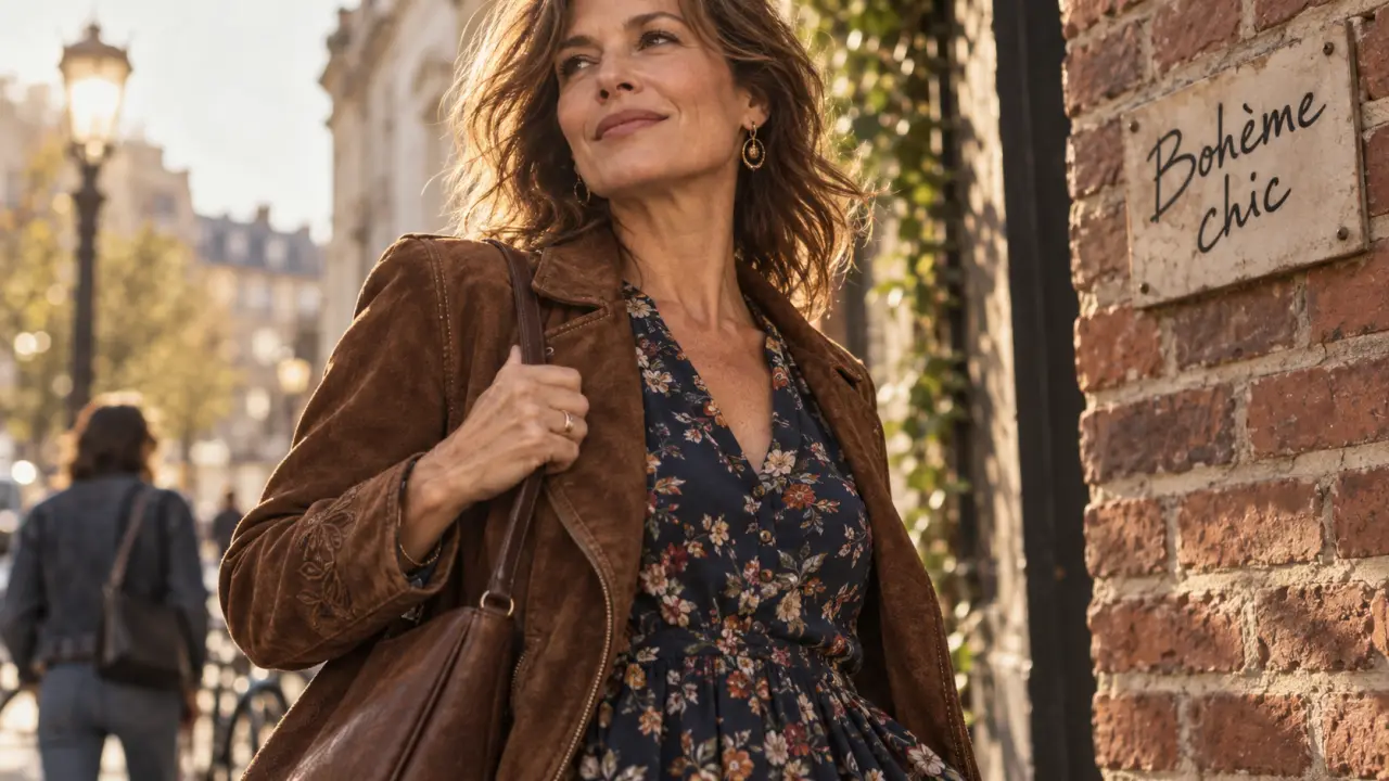 Style bohème chic à 50 ans : robe fleurie et veste en daim
