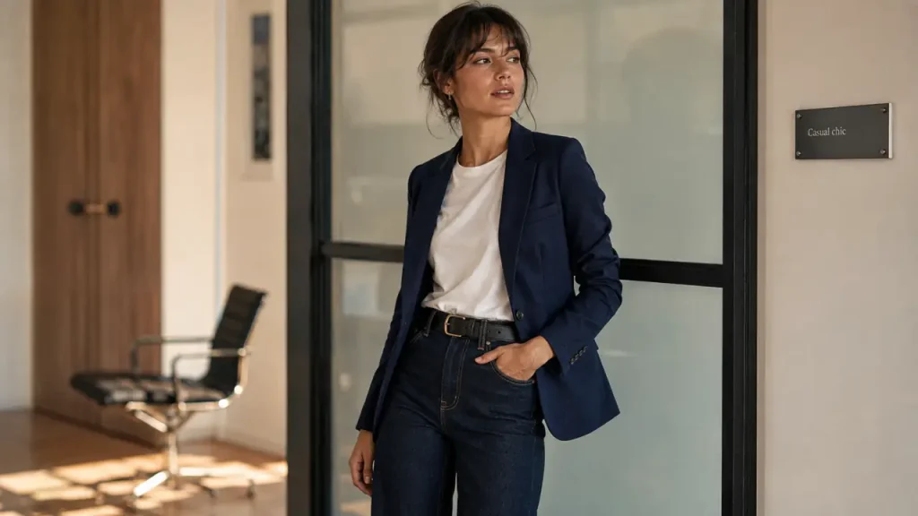 Casual chic femme : jean, blazer et baskets blanches pour rester élégante