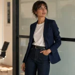 Style casual chic femme : jean droit, blazer marine et baskets blanches propres