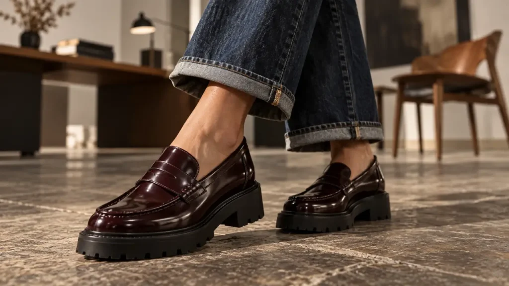 Le mocassin femme modernise le jean wide-leg et structure chaque tenue