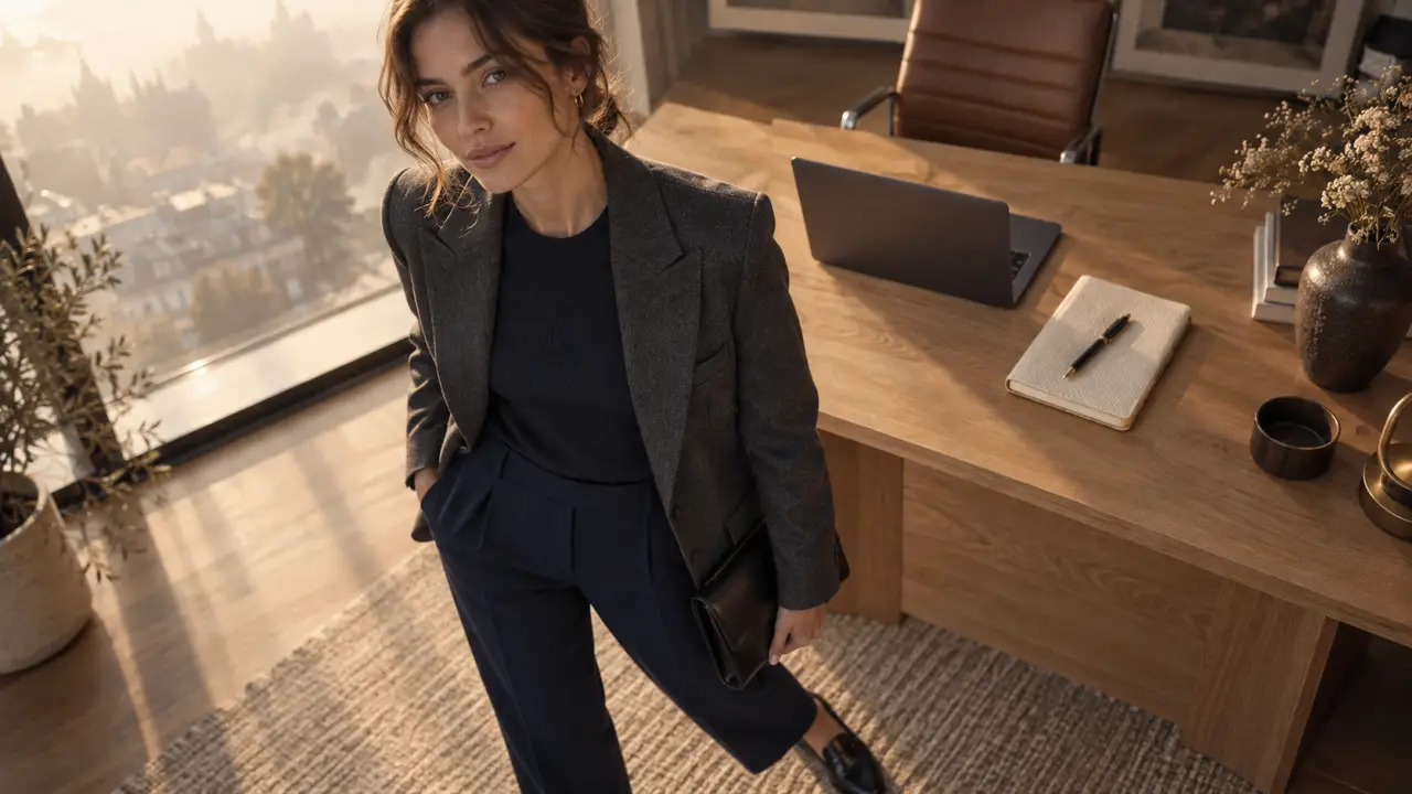 Tenue chic femme : blazer gris anthracite et pantalon marine