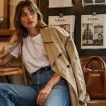 Tenue décontractée femme chic : jean, t-shirt, trench beige dans un café parisien