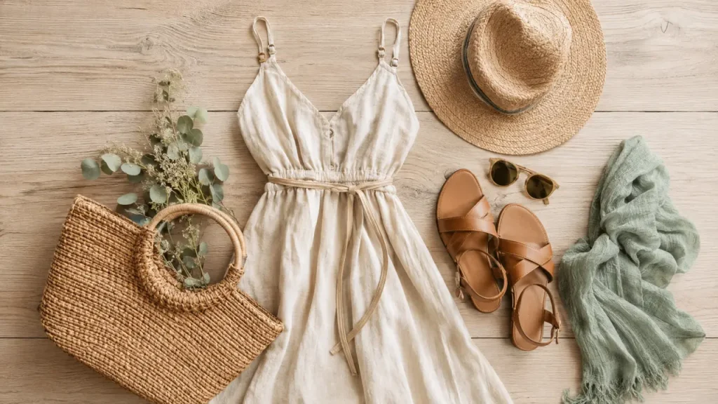 Tenue legere femme : robe fluide en lin beige, sandales cuir et sac panier, chapeau et lunettes