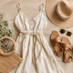 Tenue legere femme : robe fluide en lin beige, sandales cuir et sac panier, chapeau et lunettes