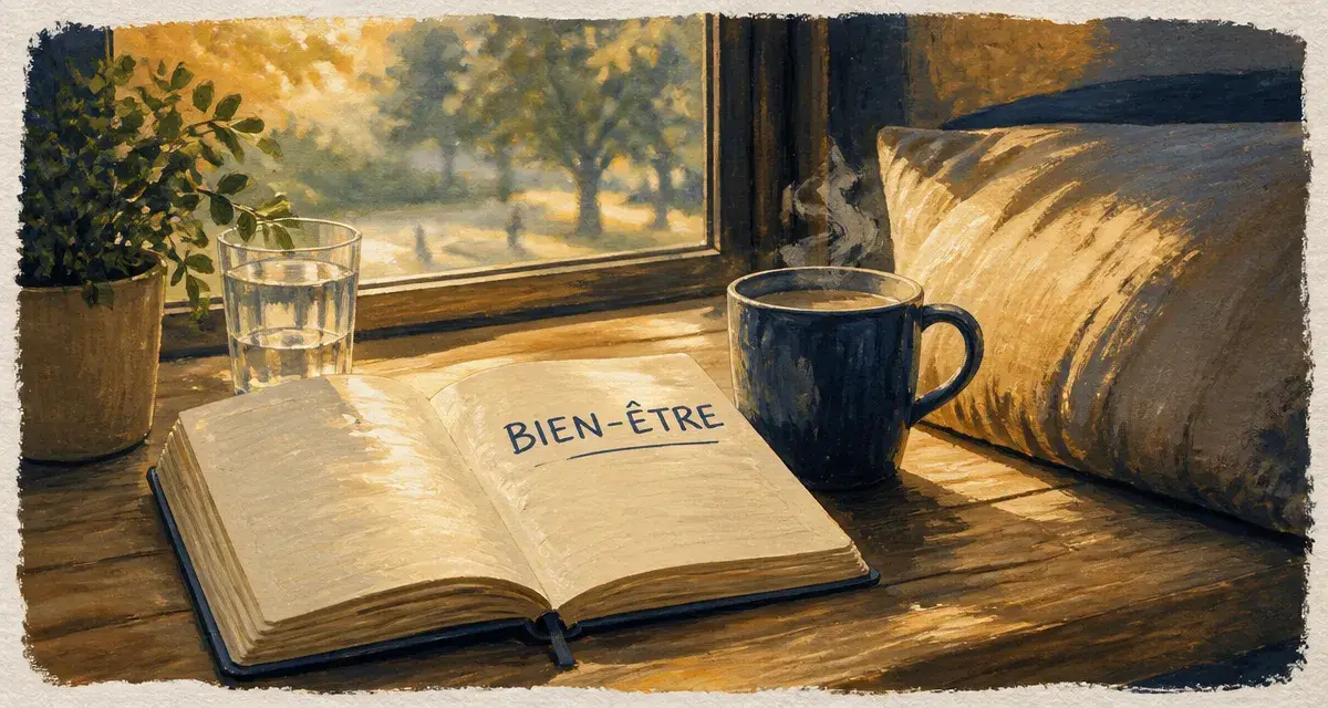 Bien être def : carnet, tasse et plante pour le bien-être et le développement personnel